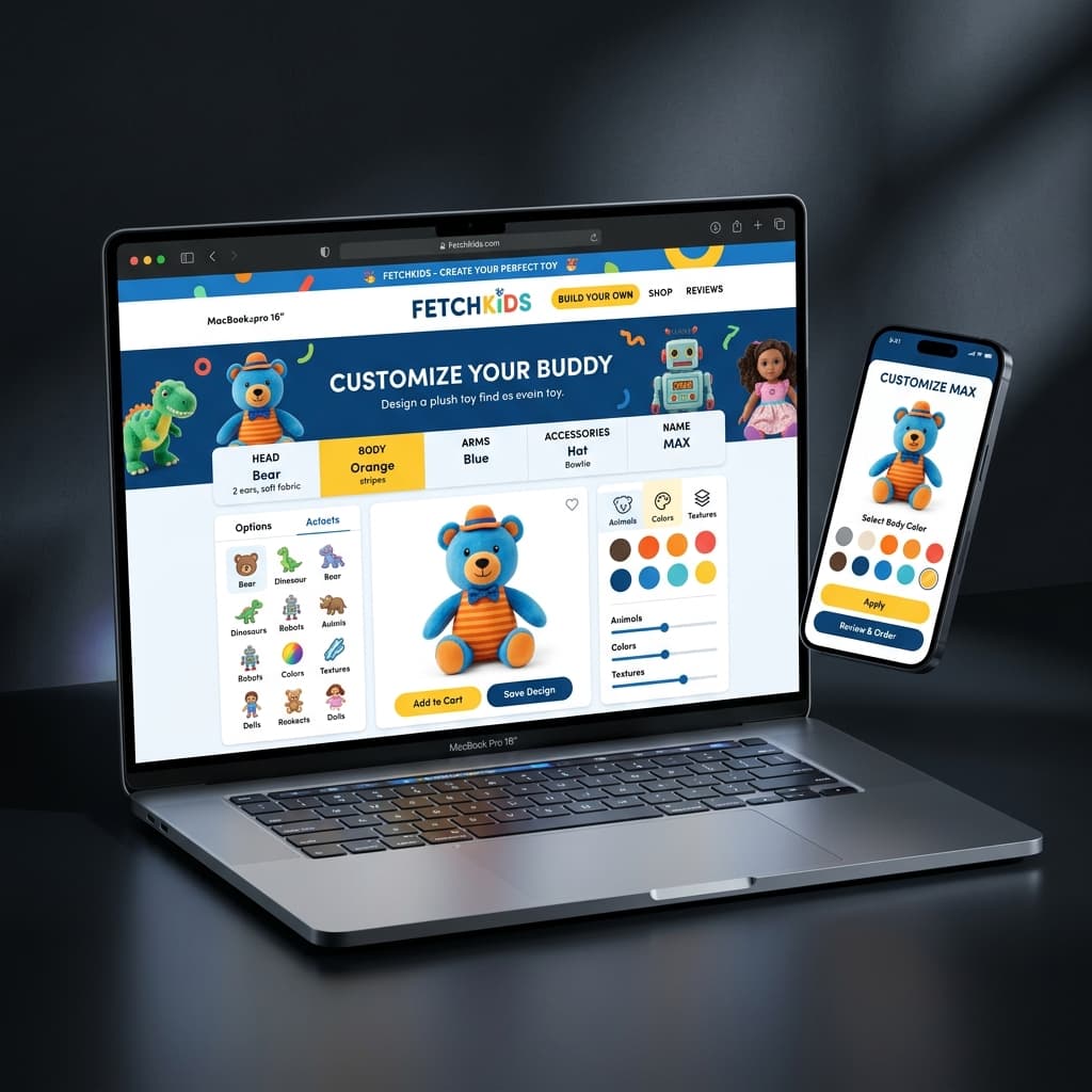FetchKids website mockup inside desktop and mobile device frames
