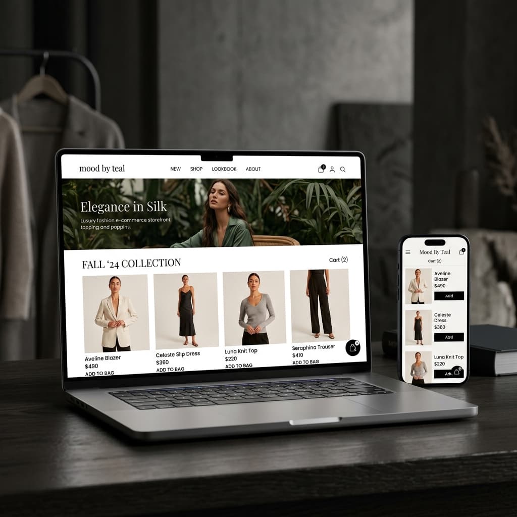 Mood By Teal website mockup inside desktop and mobile device frames
